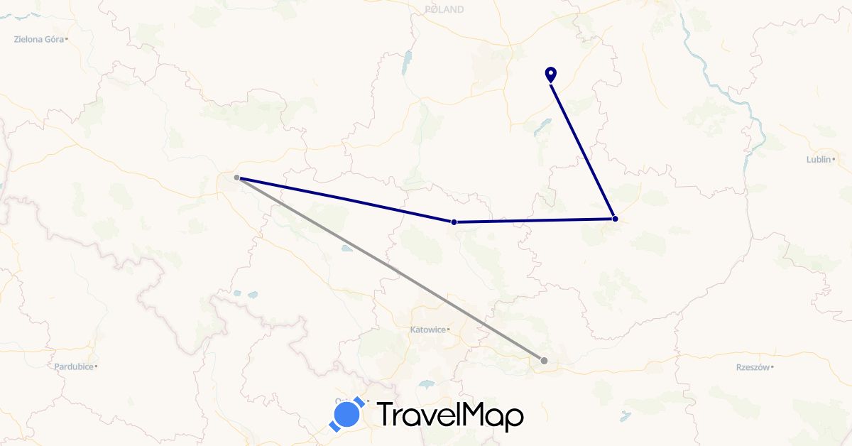 TravelMap itinerary: driving, plane in Poland (Europe)